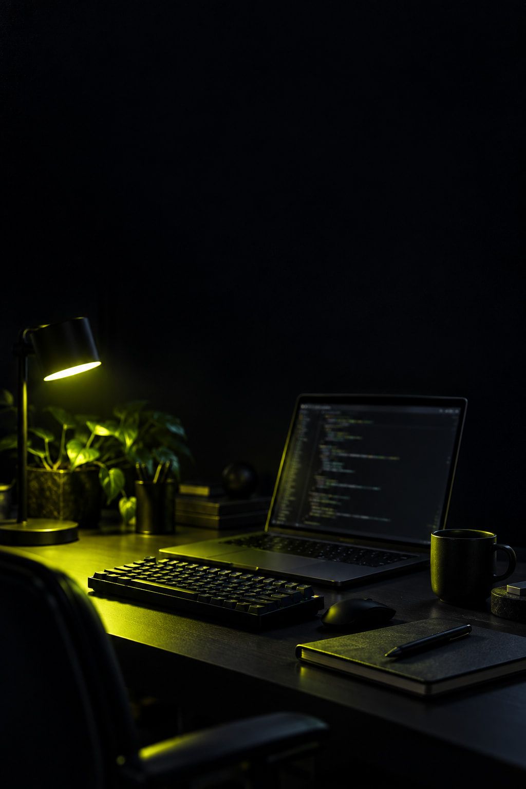 El escritorio del taller de noche: portátil con código, teclado y lámpara